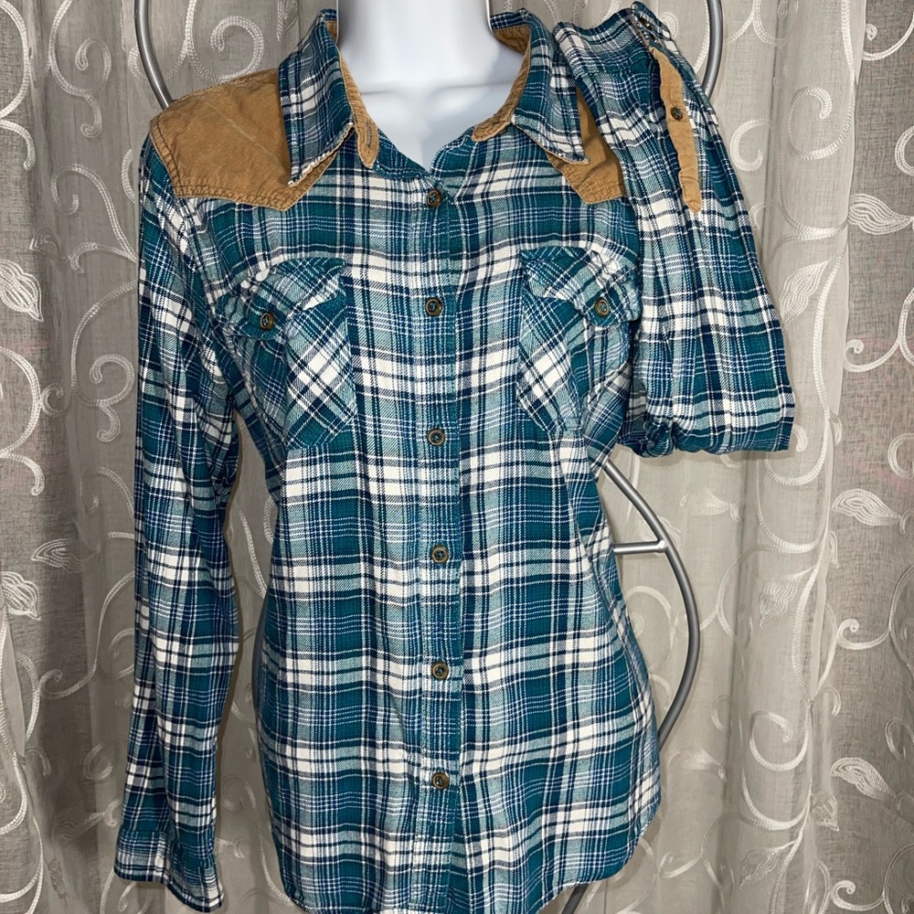 Bluecrush Plaid Long Sleeve Shirt with Corduroy Accents